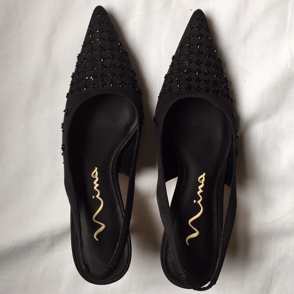 Black Nina Beaded Point Toe Sling-Back Heel Pumps - Picture 1 of 5